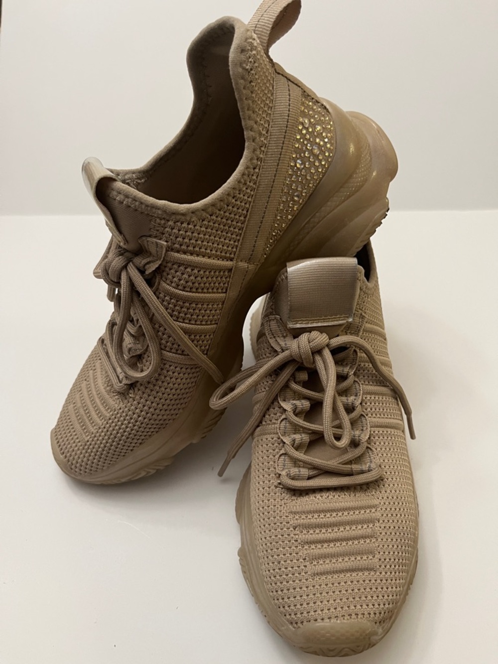 Mad Love Women's Knit Lace-Up Sneakers in Taupe with Gold Accent